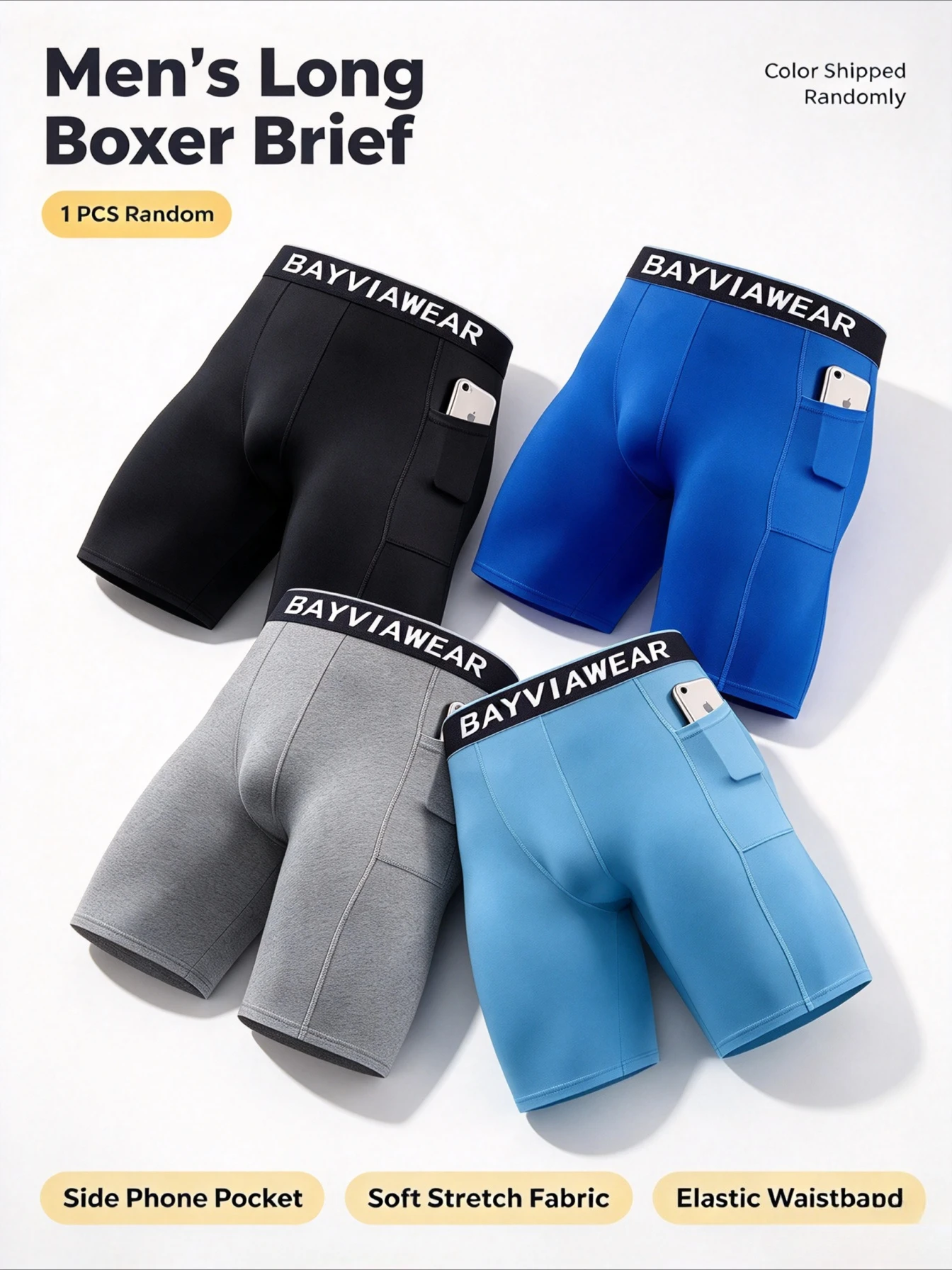 Men Cycling Underwear with Side Phone Pocket Long Boxer Brief for Workout Running Random 1-Pack Elastic Waist Sports Underpants