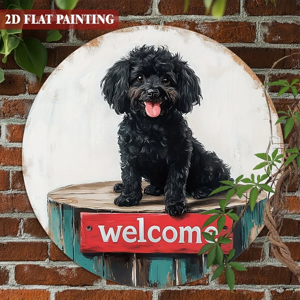 2D Flat, 1pc Rustic Welcome Sign - Red & White Welcome Lettering with Black Dog & Wood-Like Texture - 8x8 Inch Round Aluminum Me