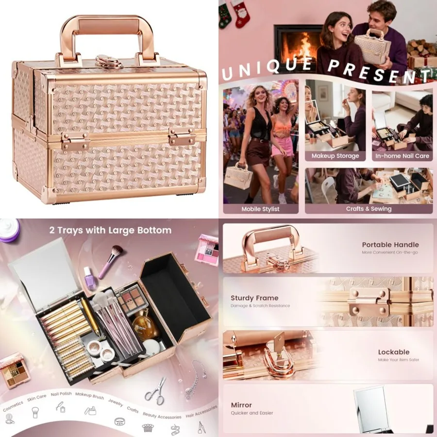 

Beauty Makeup Train Case for Lady Portable Cosmetic Box Jewelry Organizer Lockable with Keys and Mirror 2-Tier Trays Carrying w