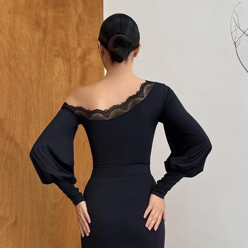 2025 nouvelles femmes salle de bal haut de danse épaule inclinée à manches longues danse body adulte Samba Rumba danse moderne body XH2916