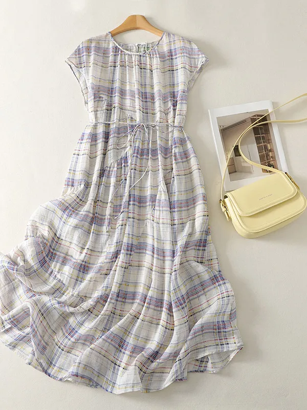 

Large Size Drawstring round Neck Dress Women's Elegant Style Summer Casual High Waist A-Line Skirt Breathable Comfortable Fabric