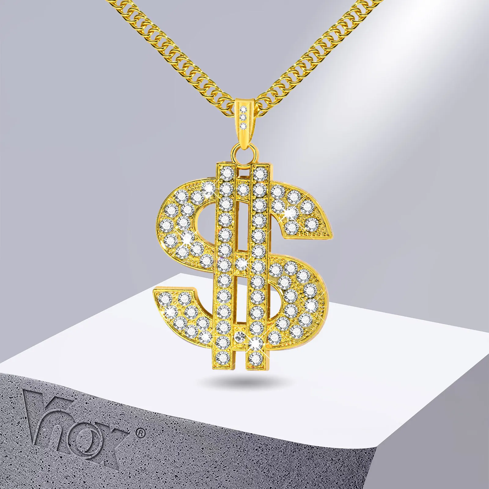 Vnox Gold Color Dollar Sign Necklaces for Men with Cuban Chain,Hip Hop Money Dollar Pendant Collar Party Jewelry