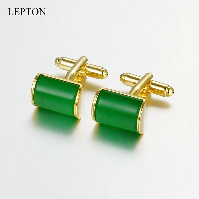 Low-Key Luxury Stone Cufflinks For Men Gold Color Plated Green Cat's Eye Stones Cuff Links Mens Shirt Cuffs Cufflink Best Gift