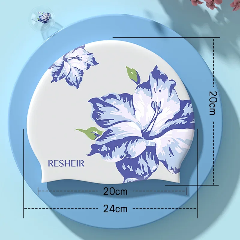 Touca de natação de silicone à prova d'água com estampa de flores, touca de natação para mulheres, cabelos longos, proteção para os ouvidos, acessórios para piscina