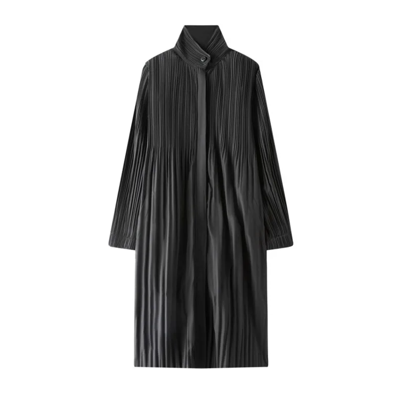 Black Pleated Stand Collar Longline Coat, Lightweight Wrinkle-Resistant Women's Casual Daily Office Commute Travel Outerwear