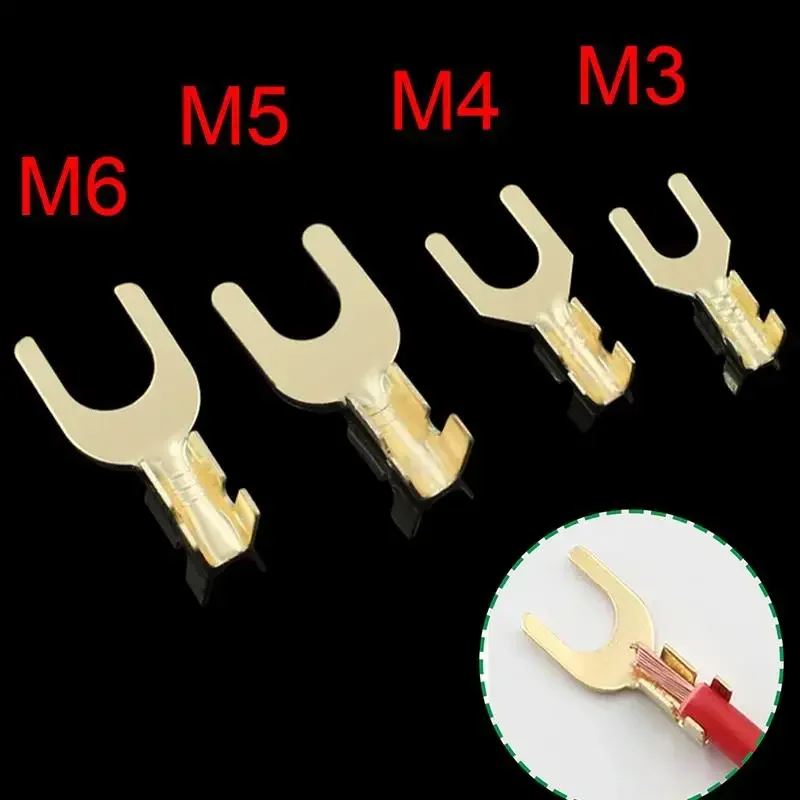 100Pcs M3 M4 M5 M6 Brass Fork Spade U-Type Non-Insulated Wire Connector Electrical Crimp Ground Terminal 0.5-2.5mm 3.2-6.2mm