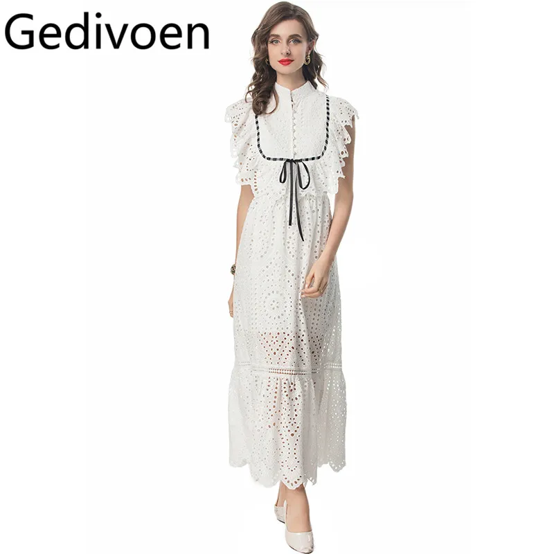 

Gedivoen Summer Fashion Runway Designer Dresses Women's Vintage Solid Color Embroidery Hollow Out Pearls Single Breasted Dresses