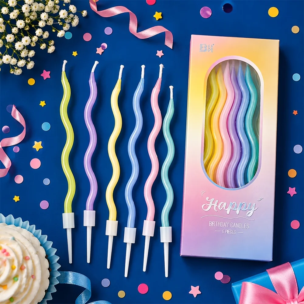 6Pcs Color Rotating Pencil Candle Cake Decoration Creative Candy Color Happiness Threaded Candle Birthday Party Baking Plugin