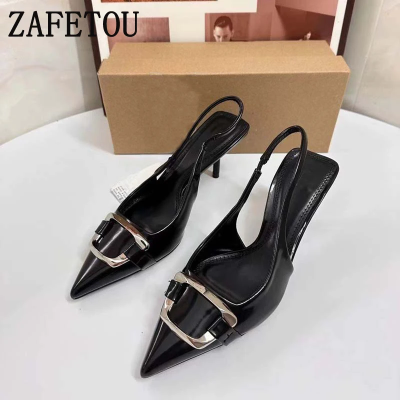 

Zafetou Woman Shoes 2024 New Product Patent Leather Metal Square Buckle Sharp Pointed High Heels Thin Heels Rear Empty Sandals