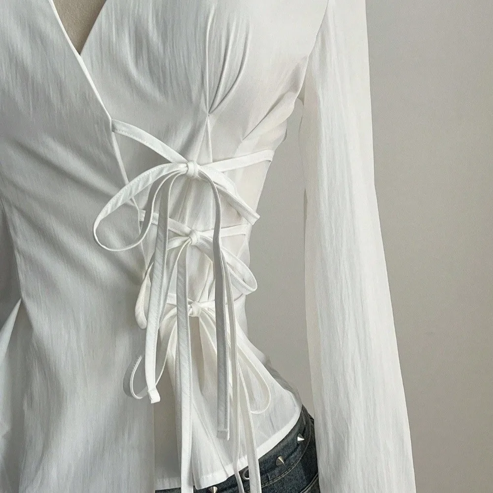 Fashion Long-sleeved Slim Fit Shirt V-neck Harajuku Women Tie-Waist Shirt Y2K Office Aesthetic Blouse Party
