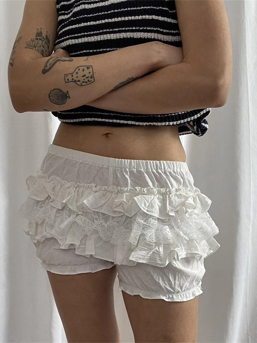 Shorts de renda com babados para mulheres, camadas Y2K, cintura elástica, calças curtas, arco, mini bloomers fofos, streetwear