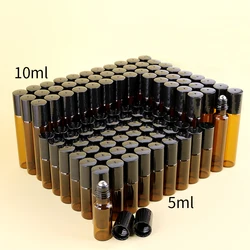 Hot sale 50pcs/piece 5ml 10ml tea color essential oil bottle glass perfume roller bottle with stainless steel roller