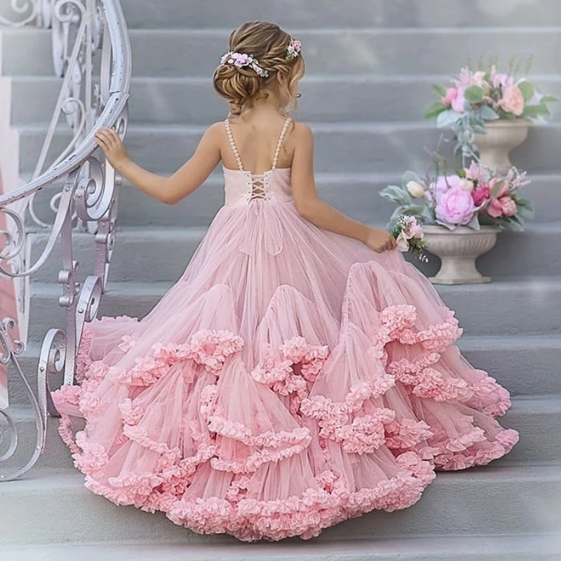 Pink Flower Girl Dresses Tulle Puffy Tiered Flowers With Bow Sleeveless For Wedding Birthday Party First Communion Gowns