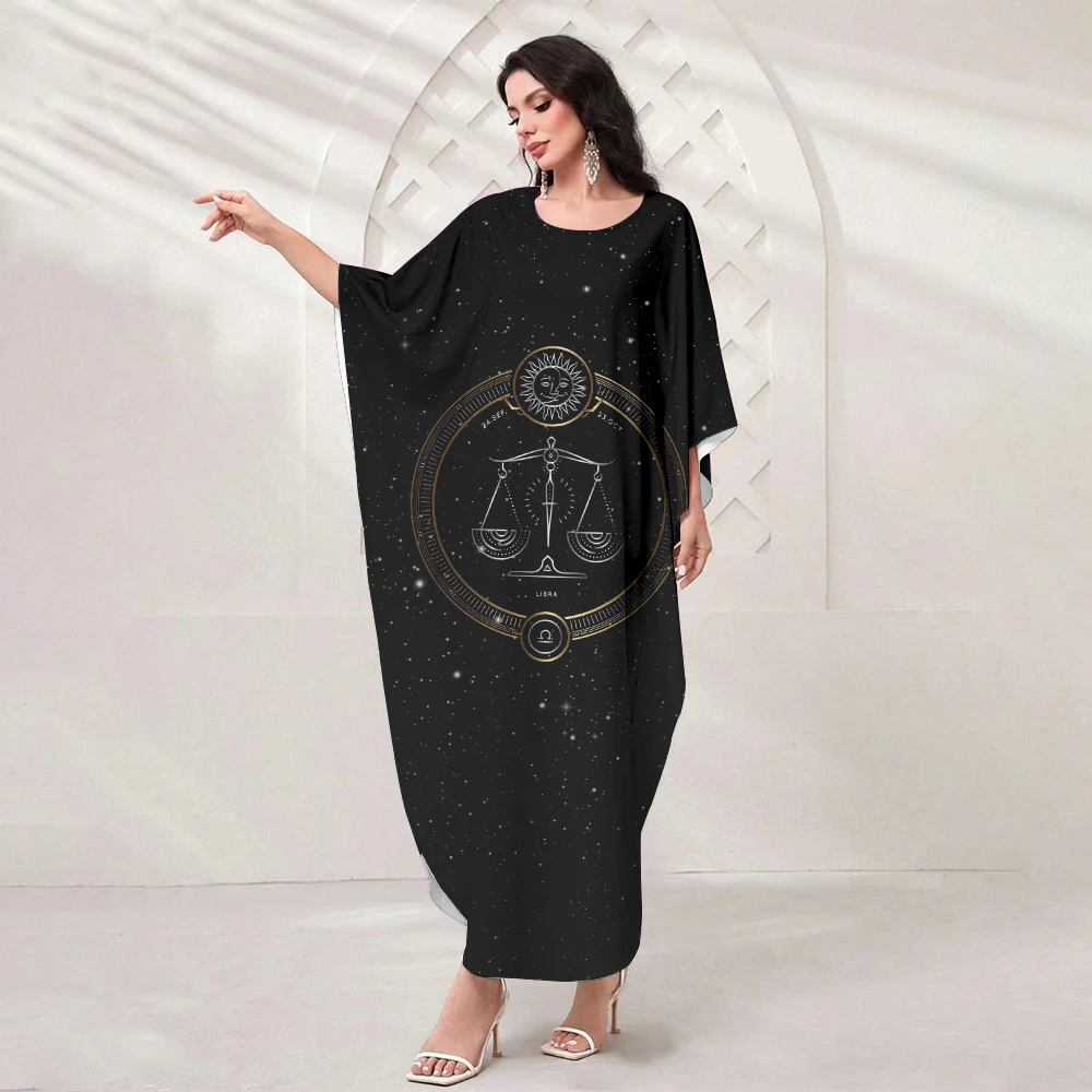 Eid Muslim Women Clothing High Temperament Women's Evening Dresses Round Neck Loose Bat Sleeve Dress Dubai Printed Robe 2024