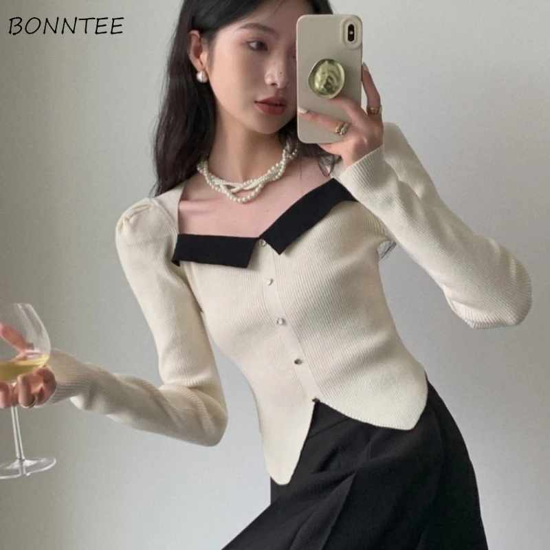 

Puff Sleeve Pullovers Women Korean Fashion Panelled Slim Fit Chic All-match Streetwear Casual Female Clothing Popular Ins Cozy