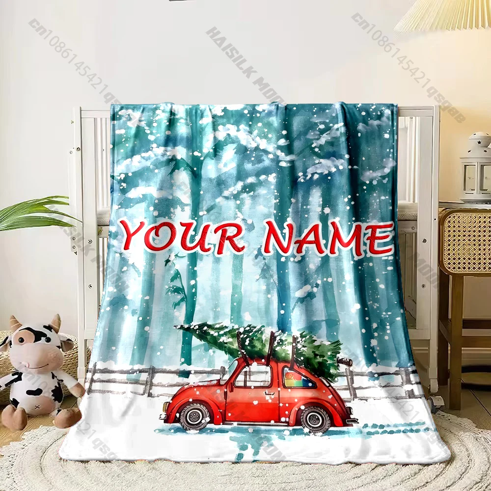 Personalized Name Custom Christmas Blanket Snowy Forest Car Blanket Set Soft Skin-Friendly blanket，all seasons, Christmas Gift