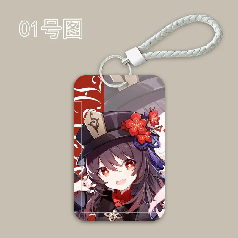 مجموعة غطاء بطاقة تأثير Genshin أنيمي ، حامل بطاقة الطالب Hu Tao ، سلسلة مفاتيح كم واقية قابلة للسحب