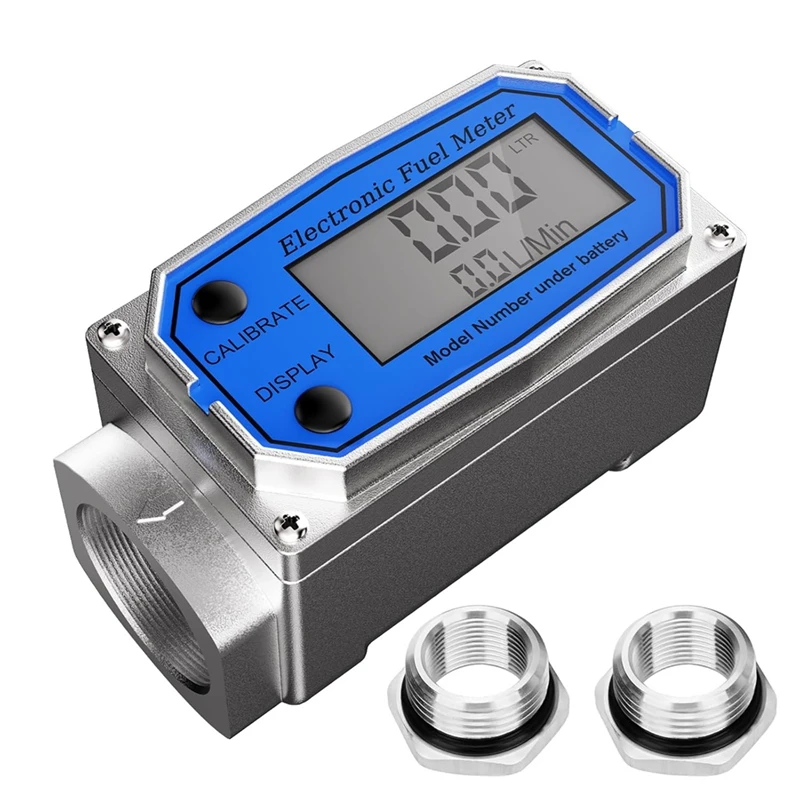 

1 Inch Fuel Flow Meter With 3/4 Inch Adapters, Digital Turbine Flow Meter 2.5-31 GPM Inline NPT Thread Dieselflow Meter
