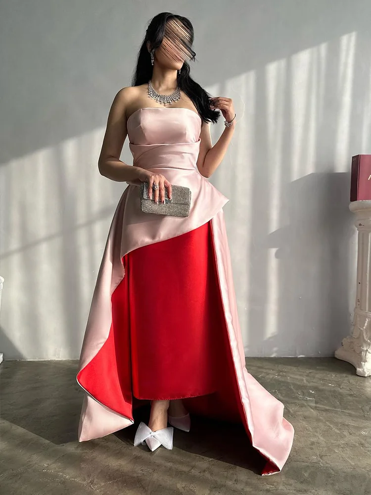 Jirocum Pink Red Strapless Prom Dress Women\'s Sleeveless Pleated Party Evening Gown Ankle-length Saudi Formal Occasion Dresses