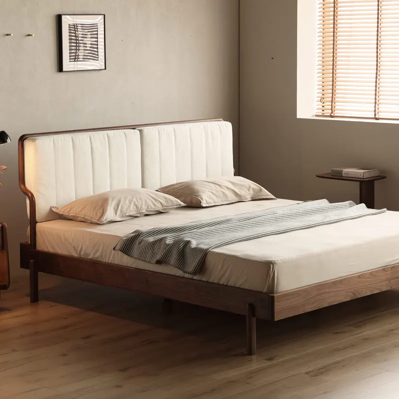 North American black walnut solid wood bed, soft bag double, technology cloth leather bed, simple European style