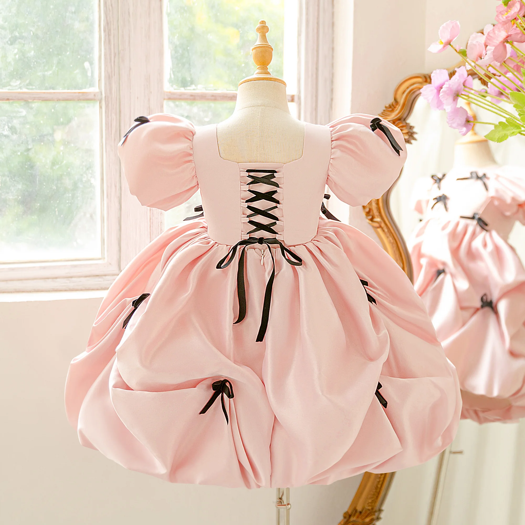 Fashion Bow Party Girls Dress Elegant Fold Wedding BirthdayPrincess Prom Dresses for Girl Gala Bridesmaids Evening Kids Clothing