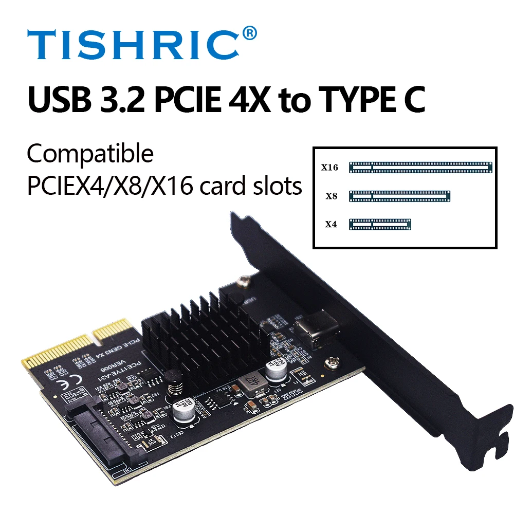 TISHRIC PCI-E SATA 4/8/16X to Type-c Adapter Card USB3.2 Gen2 20gbps Full Speed Controller Card AMS3242 chip for PC Window/Linux