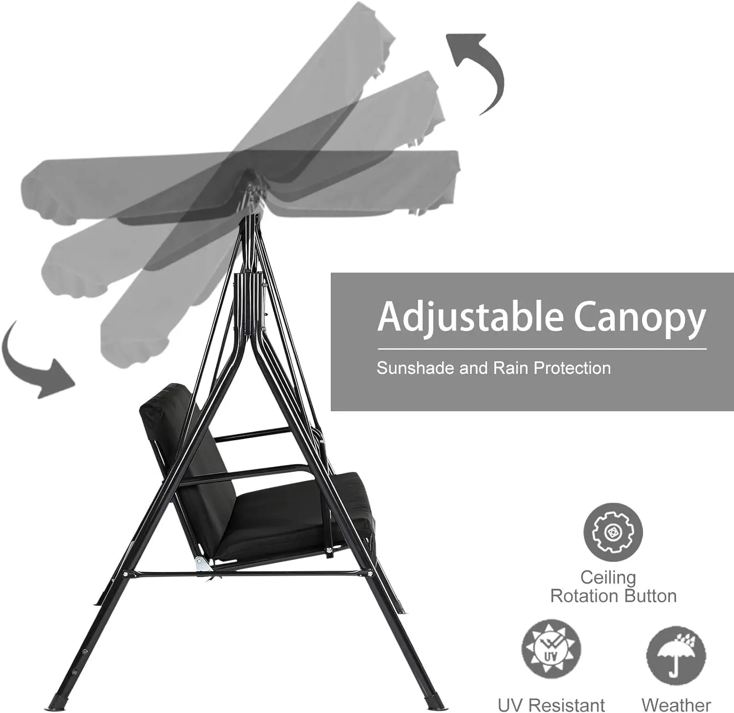 Aecojoy Outdoor Patio Swing Chair For Adults, 3-Seat Porch Swings With Adjustable Canopy, Outside Swing Bench With Removable