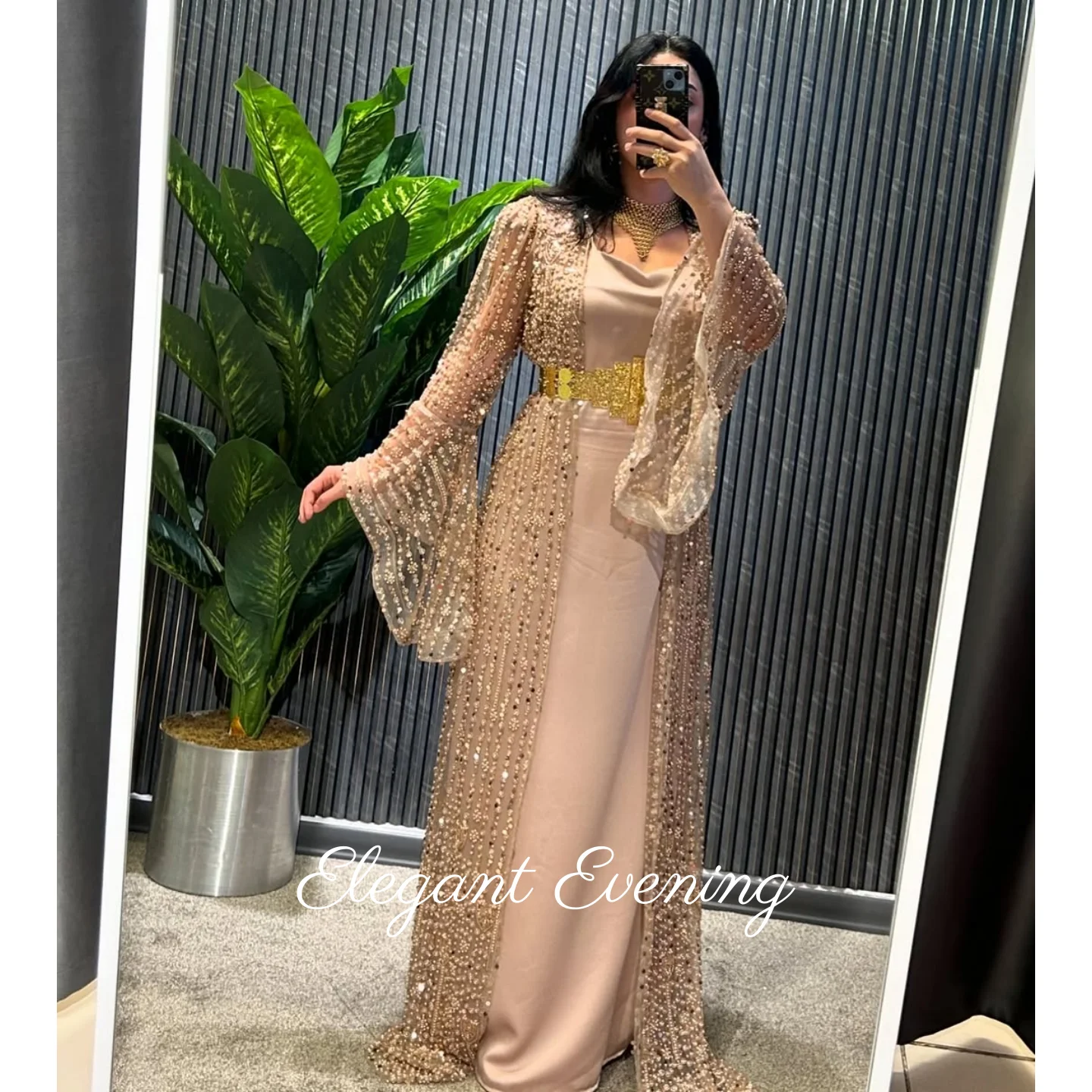 Purple Elegant Prom Dresses Square Neckline Long Sleeves Evening Party Dresses Sequins Beaded Wedding Guest Gowns Customized image 3
