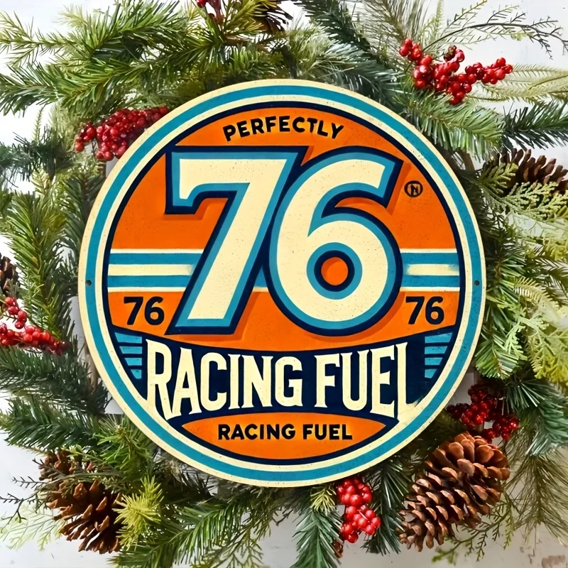 2D Flat, 2D Flat - Vintage 76 Racing Fuel Wall Sign - Rustic Aluminum Home Decor, Suitable for Bedroom and Living Room, 8x8 Inch