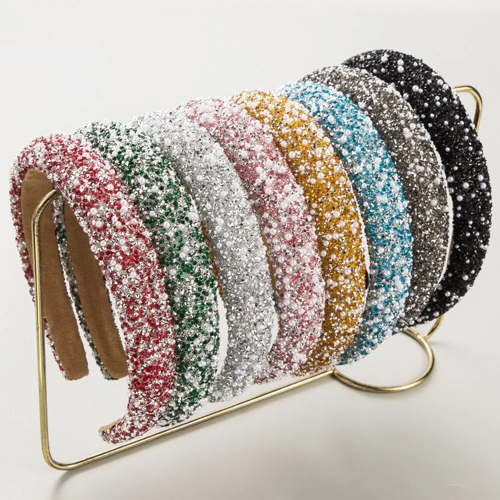 Temperament Colorful Rhinestone Headband Korean Style Pearl Baroque Hair Hoop Hairband Wide Edge Bride Tiaras Ladies