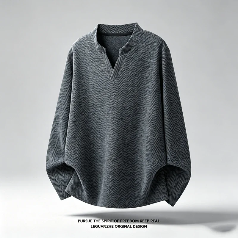 Mens Stand V Neck Herringbone Texture Long Sleeve Tee Solid Color Loose Oversized Fit Soft Casual Pullover