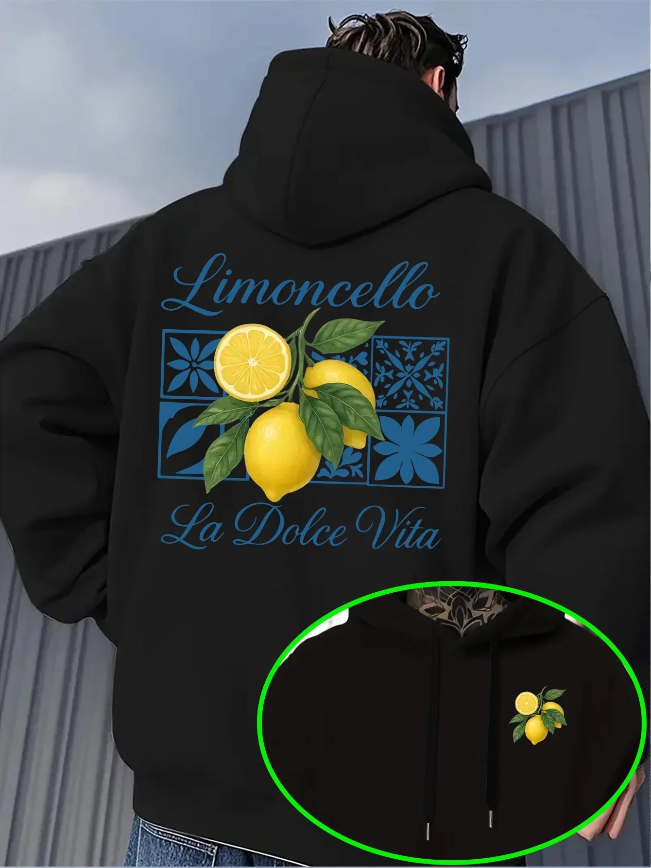 Men's Autumn/Winter Casual Loose Hooded Sweatshirt with Simple Lemon Double Print on The Back Mediterranean Style Everyday