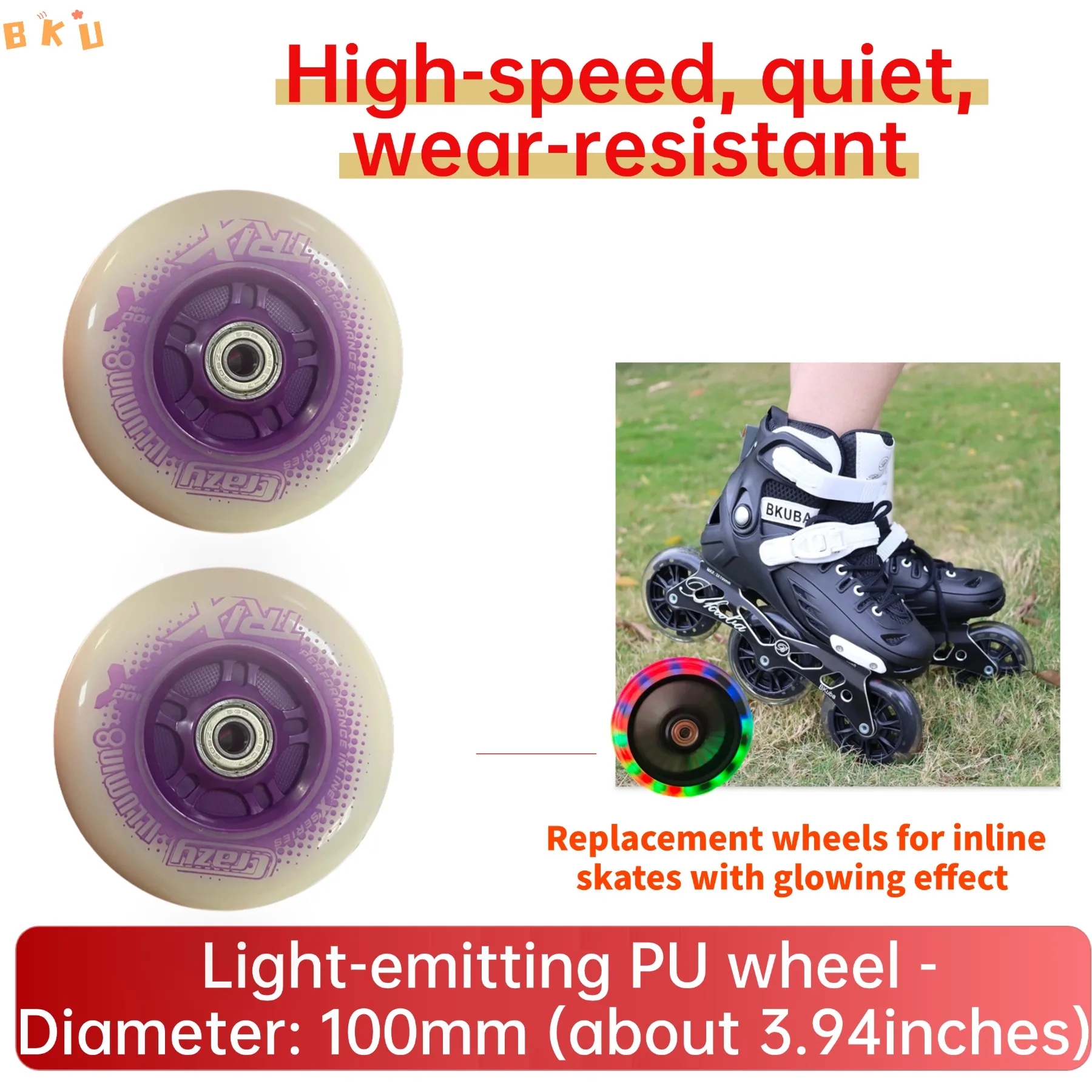 Two 100mm PU LED light wheels for inline skates, replaceable wheels, colorful light, wear-resistant and silent.