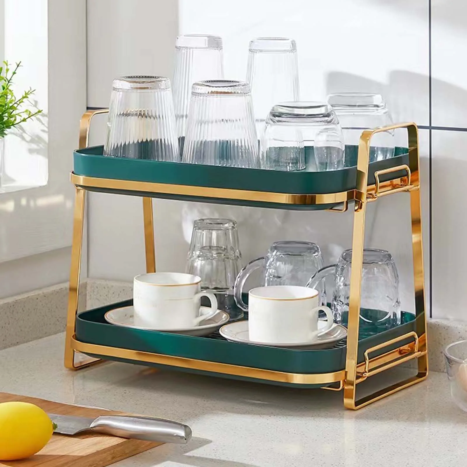 2-Tier Cup Drying Rack with Drip Tray Multifunctional Standing Rack for Kitchen Spice Bottle Countertop Jars Fruits Vegetables