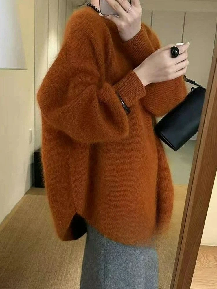 2025 свитер, женский новый свободный топ выше бедра, высококачественный элегантный вязаный свитер, уменьшающий возраст