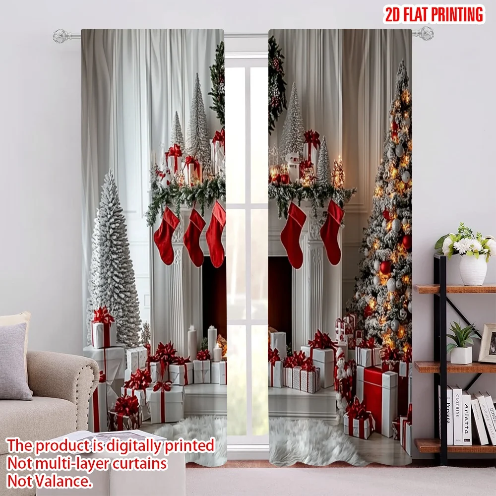 

2pcs 2D flat printing Merry Christmas Popular Drapes With snow_ red stockings_ Durable 100% Polyester Fabric Without Electricity