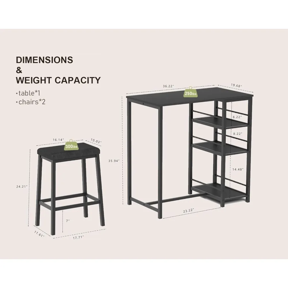 Ensemble de pub moderne 3 pièces à hauteur de comptoir avec 2 étagères de rangement et 2 tabourets de bar rembourrés en cuir PU, ensemble de table à manger pour 2 (B