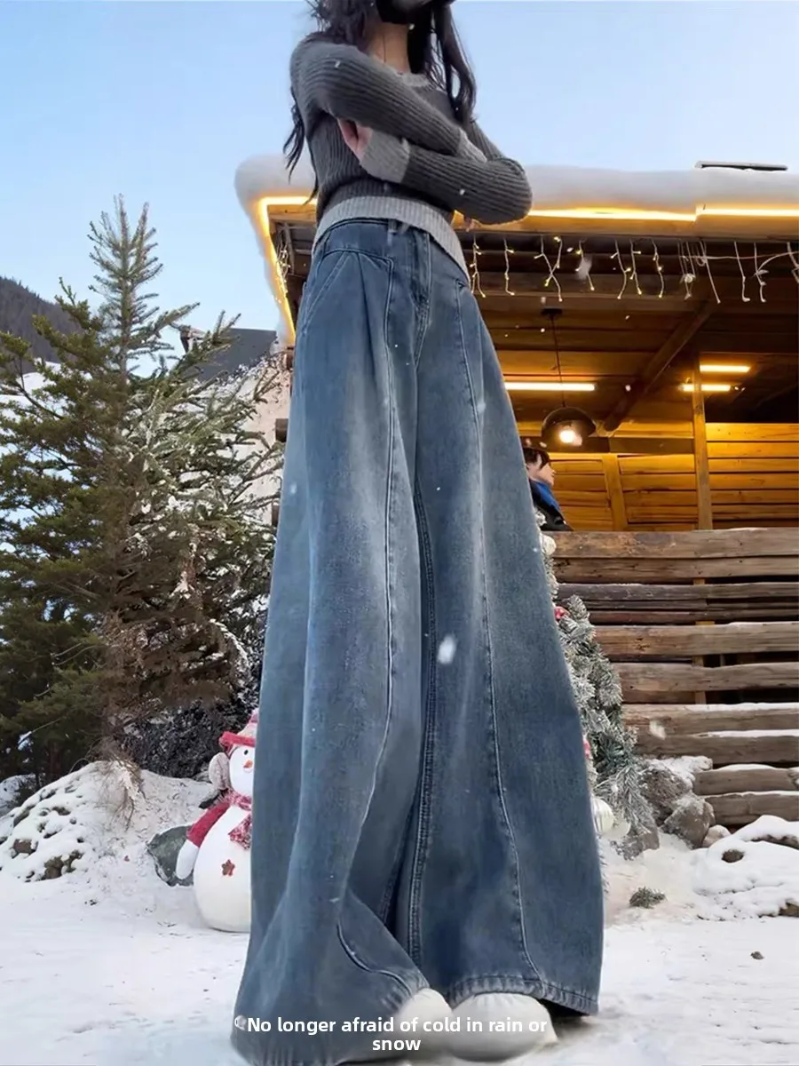 جينز دينم عتيق عالي الخصر من Thiened Fce للنساء لخريف وشتاء مقاس كبير على شكل كمثرى ثنى للجسم فضفاض ونحيف وواسع الساق...