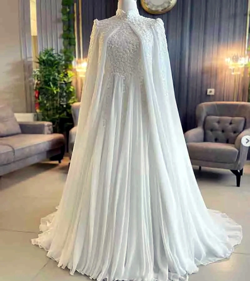 Muslim Chiffon A-Line Wedding Dress With Long Wrap High Collar Long Sleeves Elegant White Wedding Gown For Women Customized