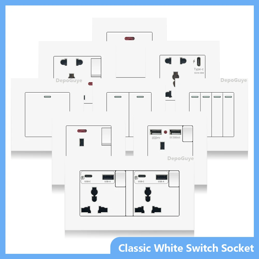

UK 13A Wall Socket with USB Type C 18W Quick Charge Power Outlet,Universal Electrical Wall Light Switch Dual 3-pin Socket 220V