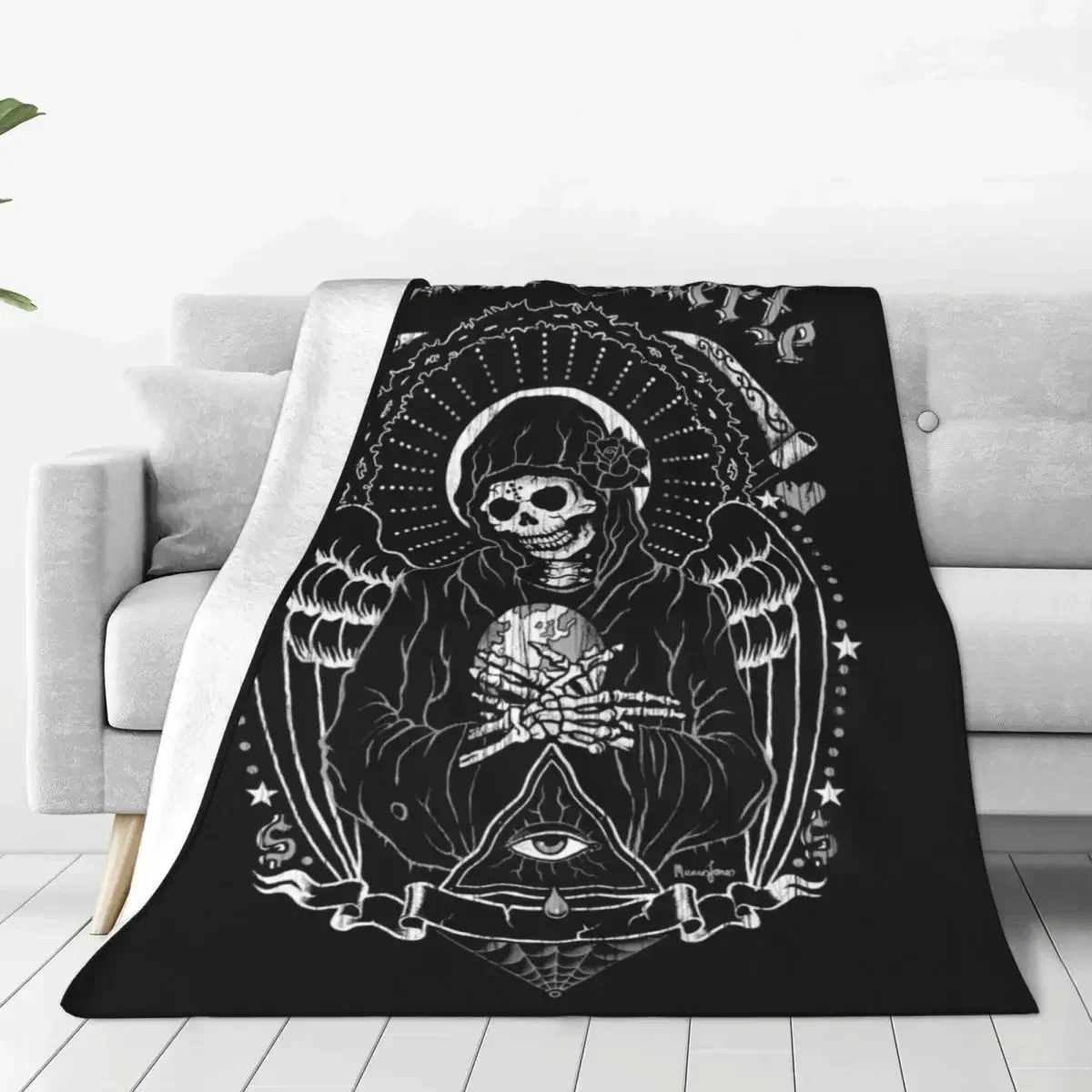 Holy Death Santa Muerte Skull Blanket Velvet Horror Halloween Ultra-Soft Throw Blankets for Airplane Travel Bedroom Quilt Custom