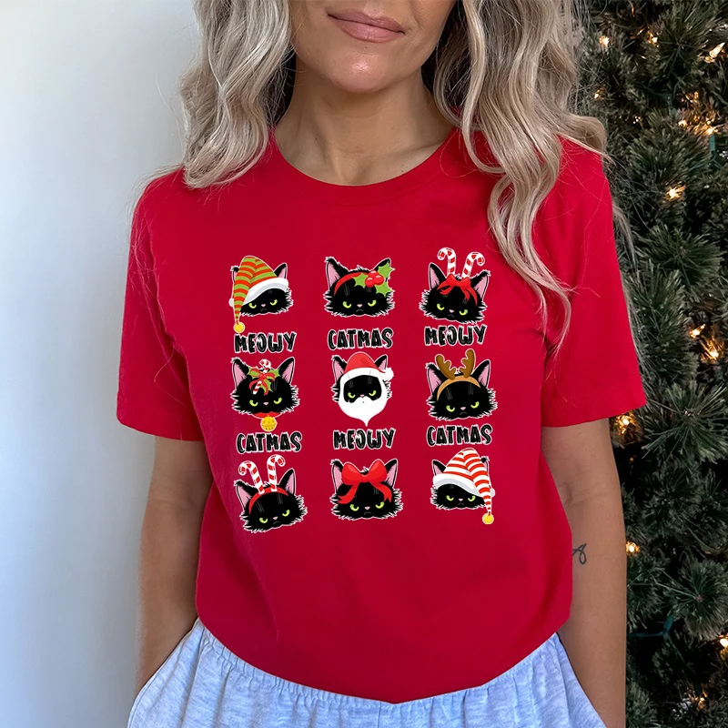 Camiseta clásica de gato de Feliz Navidad, regalo para amantes del gato de Papá Noel para Navidad, cuello redondo, ropa de mujer, camisetas festivas de manga corta