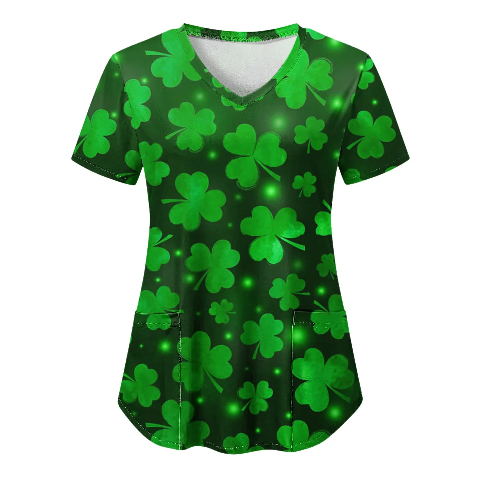 Clovers Print Green Scrub Tops St. Patrick's Day Clinic Carers Nurse Uniform Clinic Staff Blouse Uniform V Neck Workwear Tops