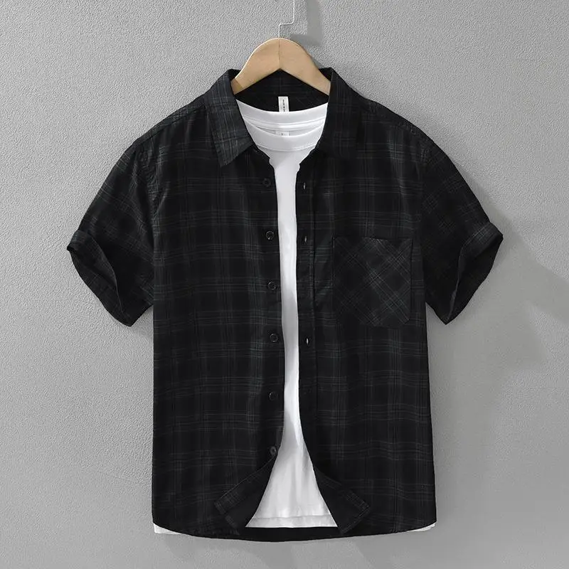 

Men's Checkered Short Sleeve Shirt Loose Fit Pure Cotton Casual Top with Pocket Iron-Free Summer Fashion Basic Style