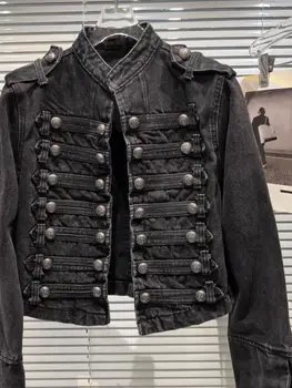 Chaqueta Mujer Metal Double Breasted Stand Collar Design Denim Jacket Top Denim Women Clothing American Overcoat Outwear 4