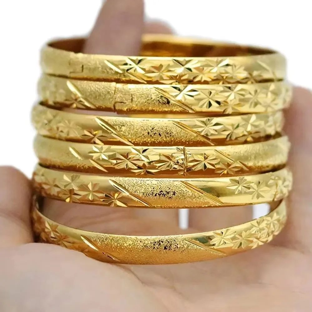 

6Pc/Set 18k Pure Gold Bangles Holiday Party Accessories Wedding Gift Luxury American Style Design Women's Bracelet 55Xing