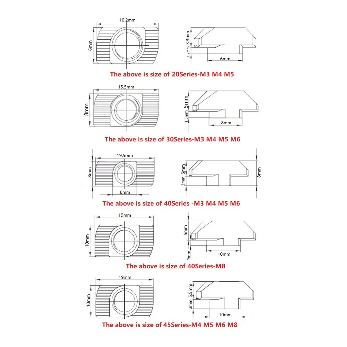 50ชิ้น/เซ็ต M3/M4/M5สำหรับ20/30/40/45 Series Slot T-Nut T nut Hammer Drop ยึดขั้วต่ออลูมิเนียม Extrusion โปรไฟล์