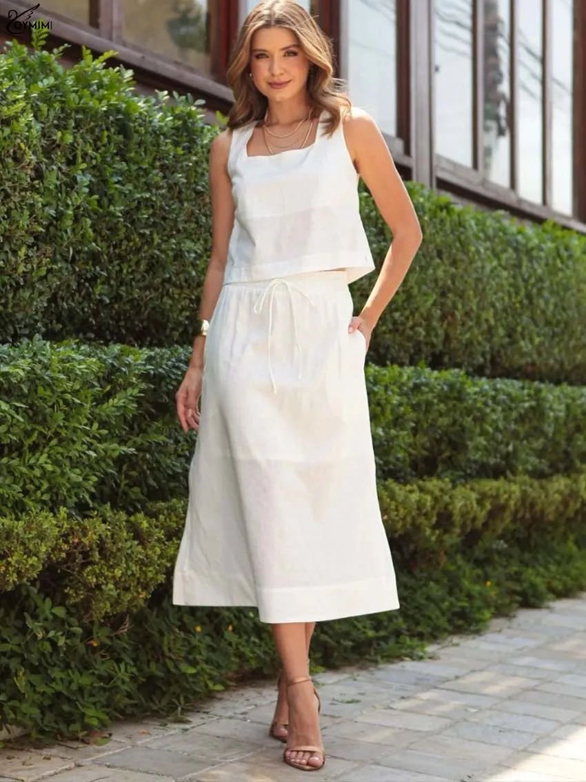 

Oymimi Fashion White Cotton Woman 2 Piece Set Outfit Elegant Square Neck Sleeveless Lace-Up Top + Drawstring Mid-Calf Skirts Set