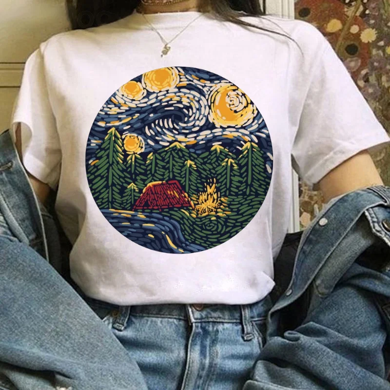 

Starry Night Camping Pattern Women's Short Sleeve Printed Fashion Style 90s Summer Clothing T-Shirt Cute Women's Basic Top T-Shi