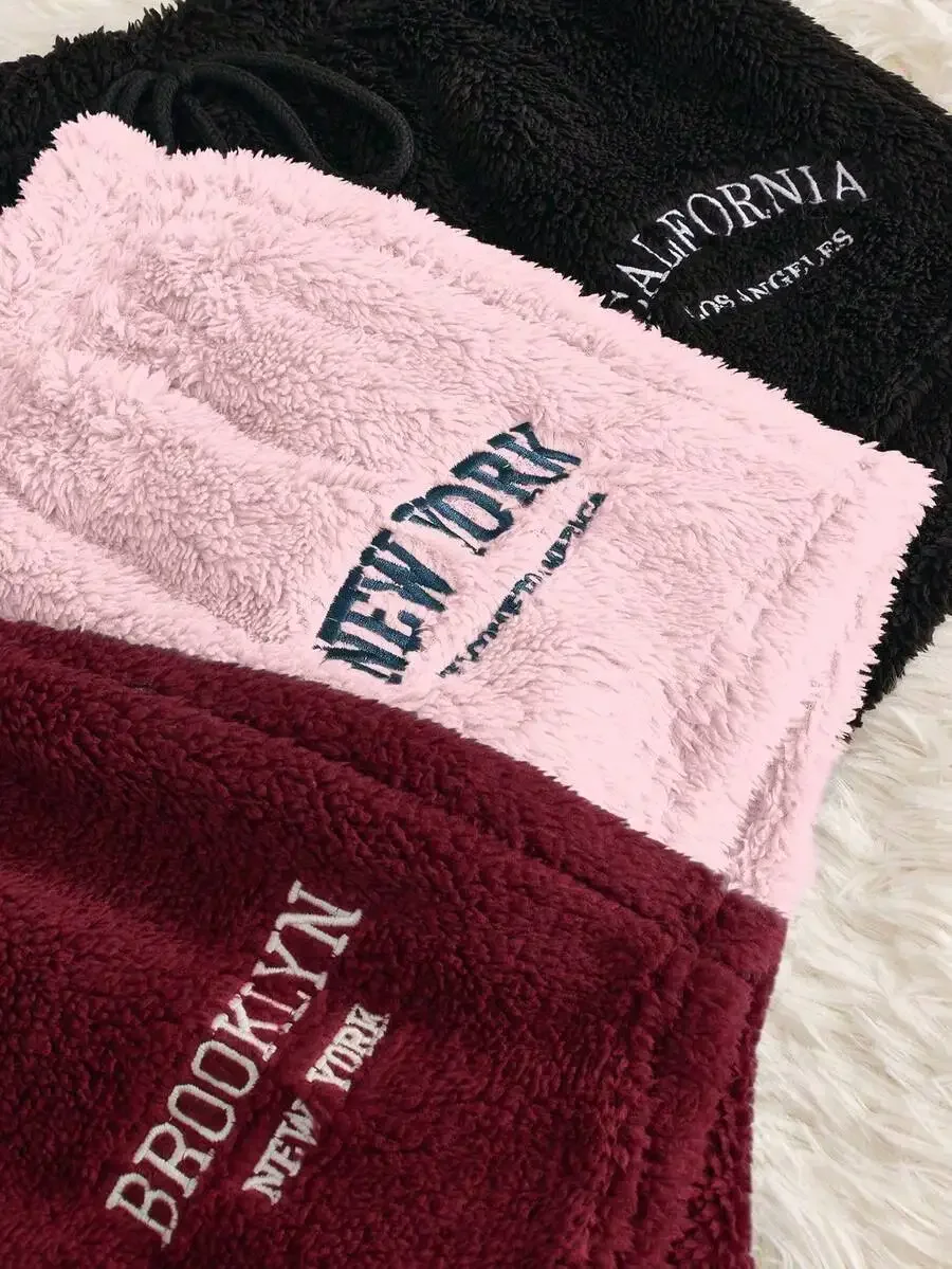 

Fluffy Embroidered Lounge Shorts For Women – Cozy Winter Sleepwear With City Text Design
